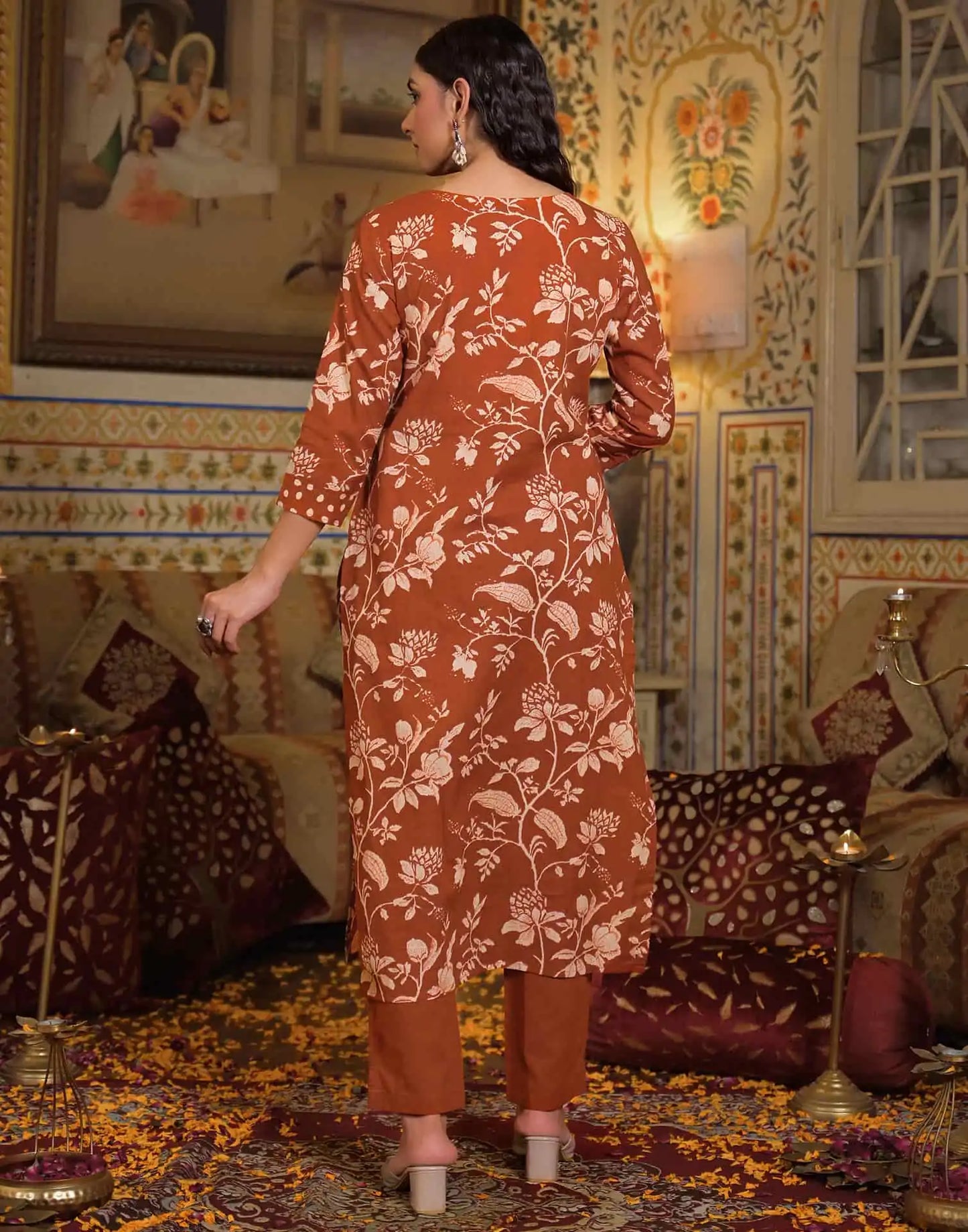 Cotton Straight Printed V-Neck Kurta with Pant & Dupatta