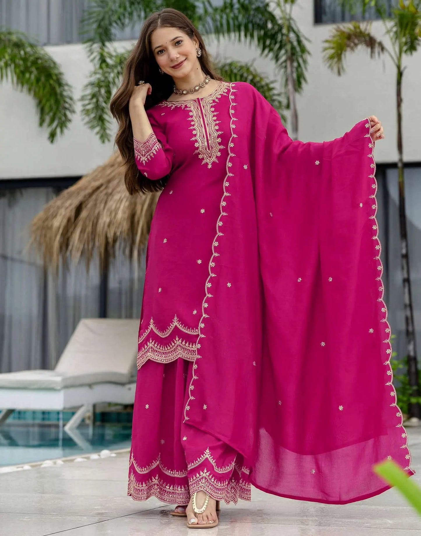 Silk Embroidered Straight Kurta with Pant & Dupatta