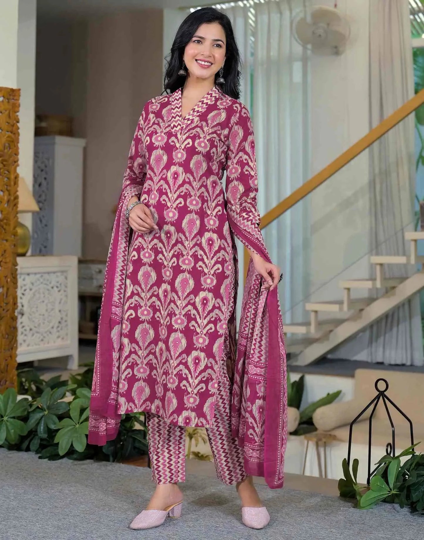 Cotton Printed Straight V-Neck Kurta with Pant & Dupatta