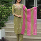 Cotton Embroidered Straight Kurta with Pant & Dupatta