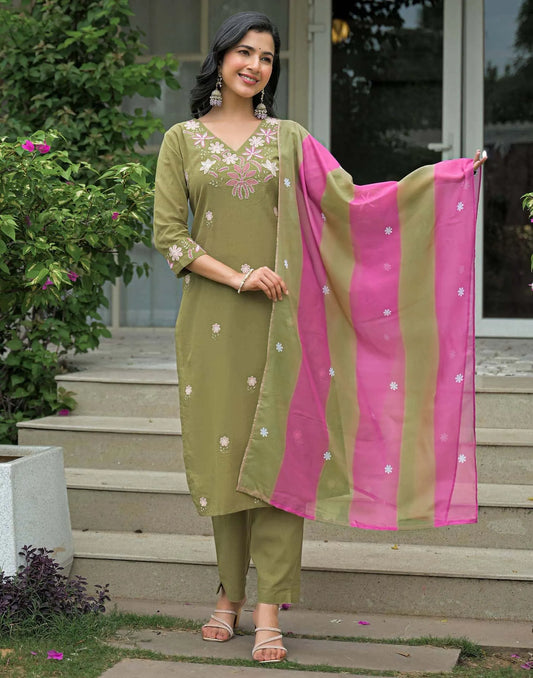 Cotton Embroidered Straight Kurta with Pant & Dupatta