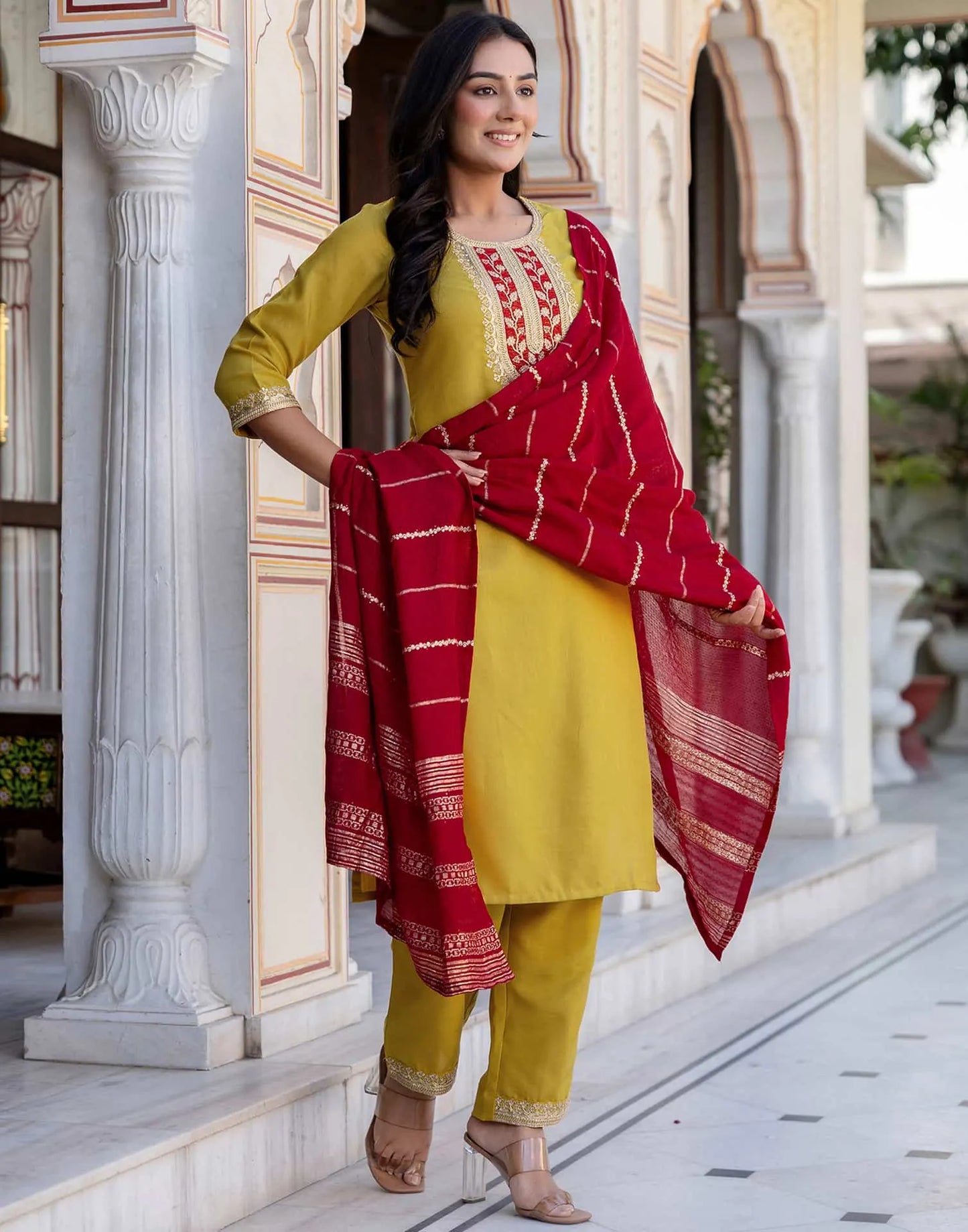 Cotton Blend Embroidery and Sequins Work, Embroidery and Sequins Work Lace Straight Kurta with Pant & Dupatta