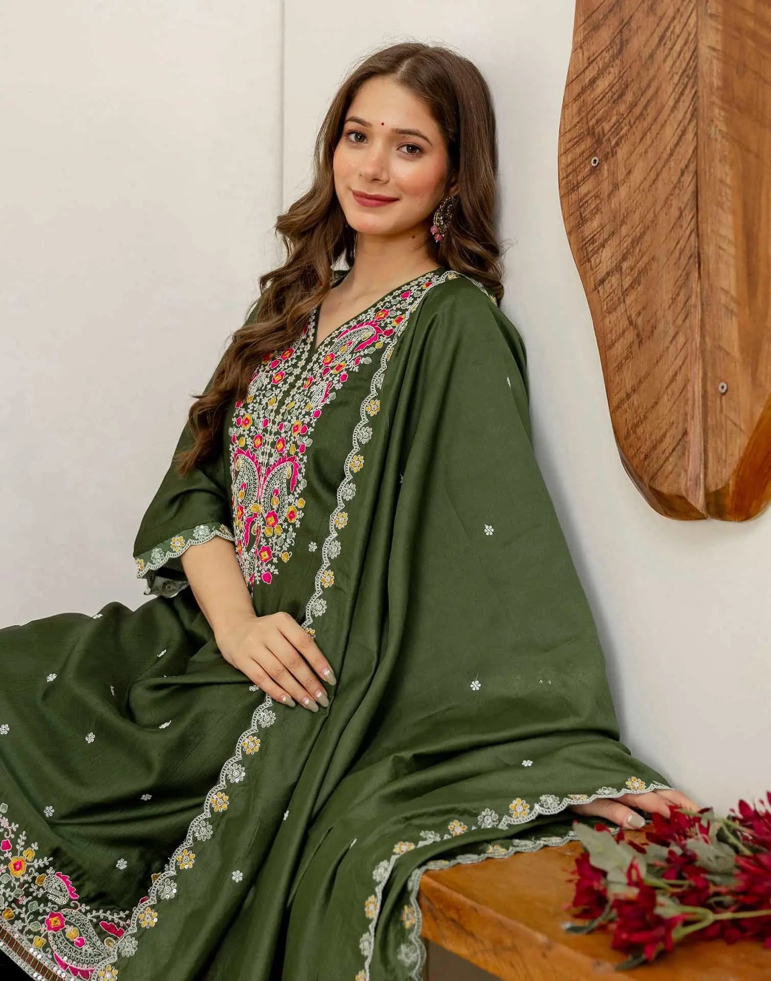 Green Silk Embroidered Straight Kurta Set with Pant and Dupatta for Women under 1299