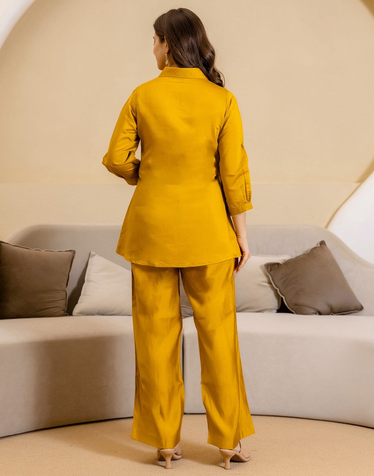 Silk Blend Plain V-Neck Co-ord Set