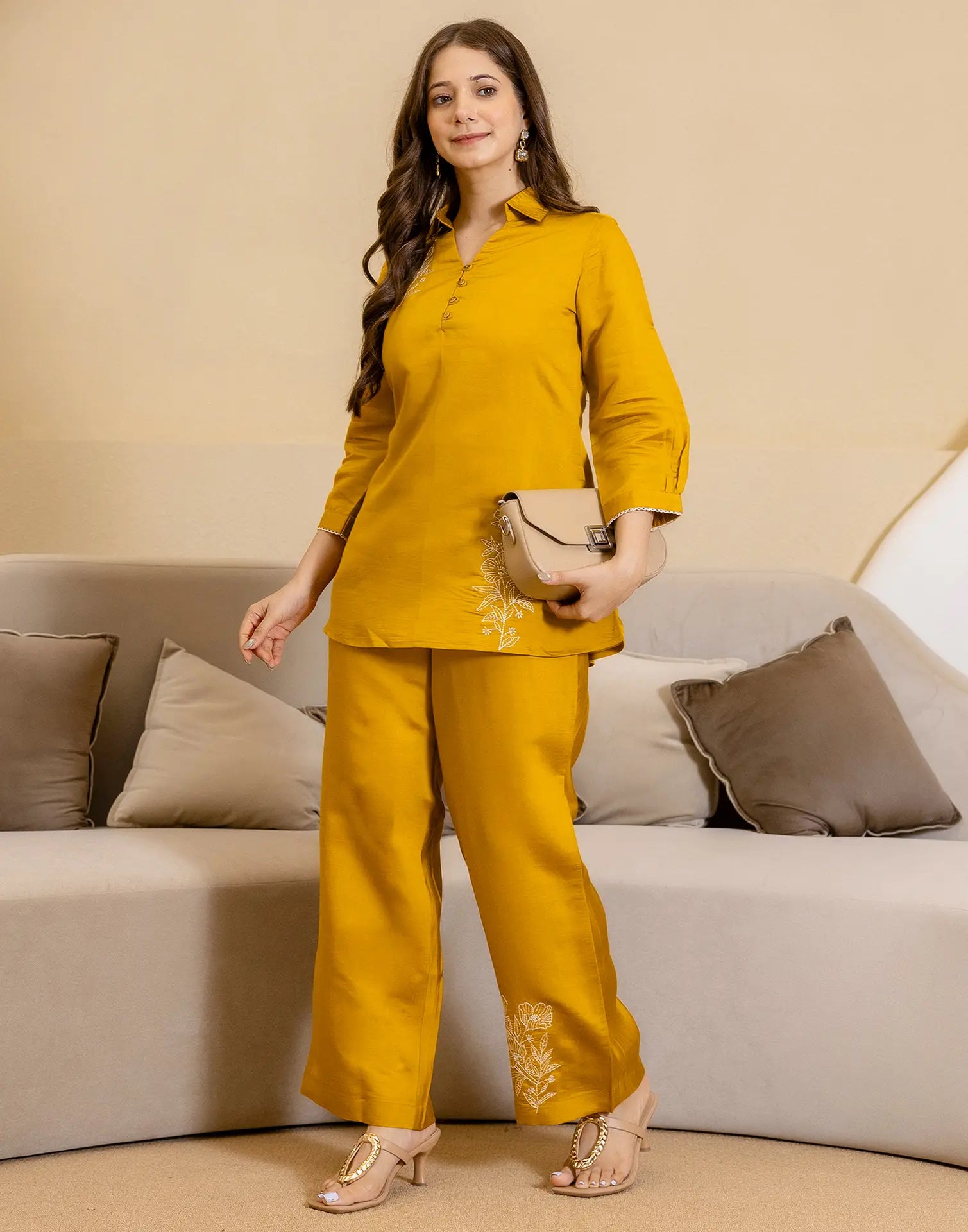 Silk Blend Plain V-Neck Co-ord Set