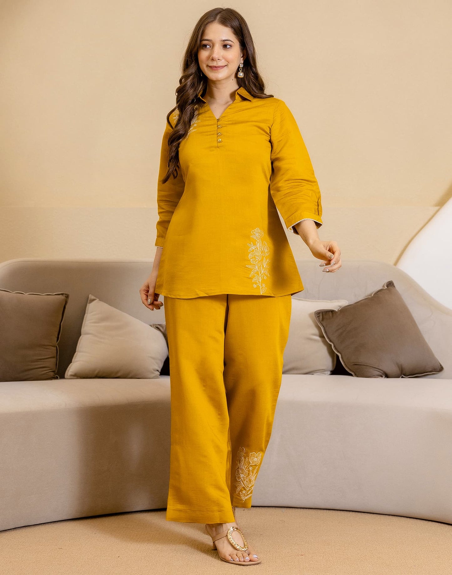 Silk Blend Plain V-Neck Co-ord Set