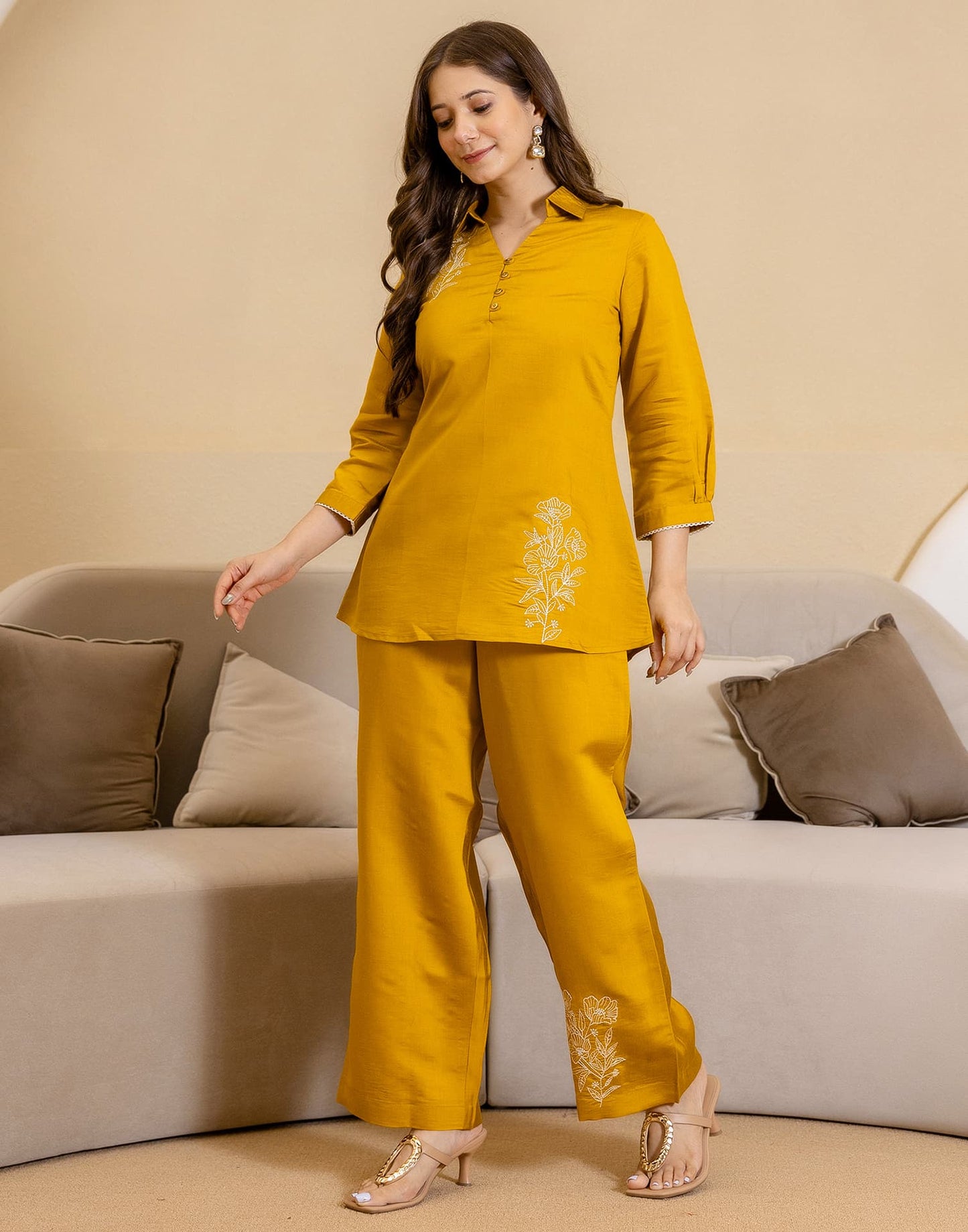 Silk Blend Plain V-Neck Co-ord Set