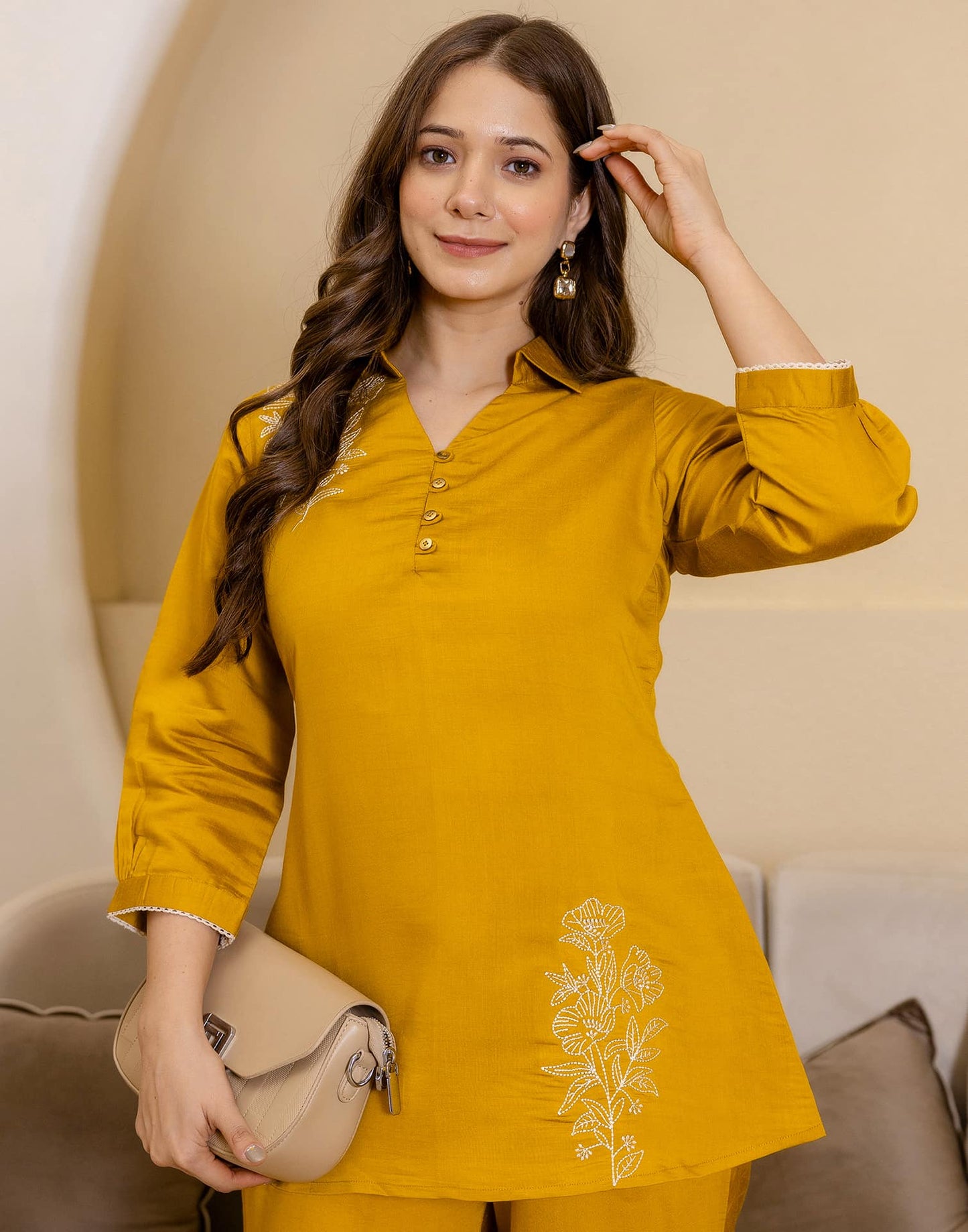 Silk Blend Plain V-Neck Co-ord Set