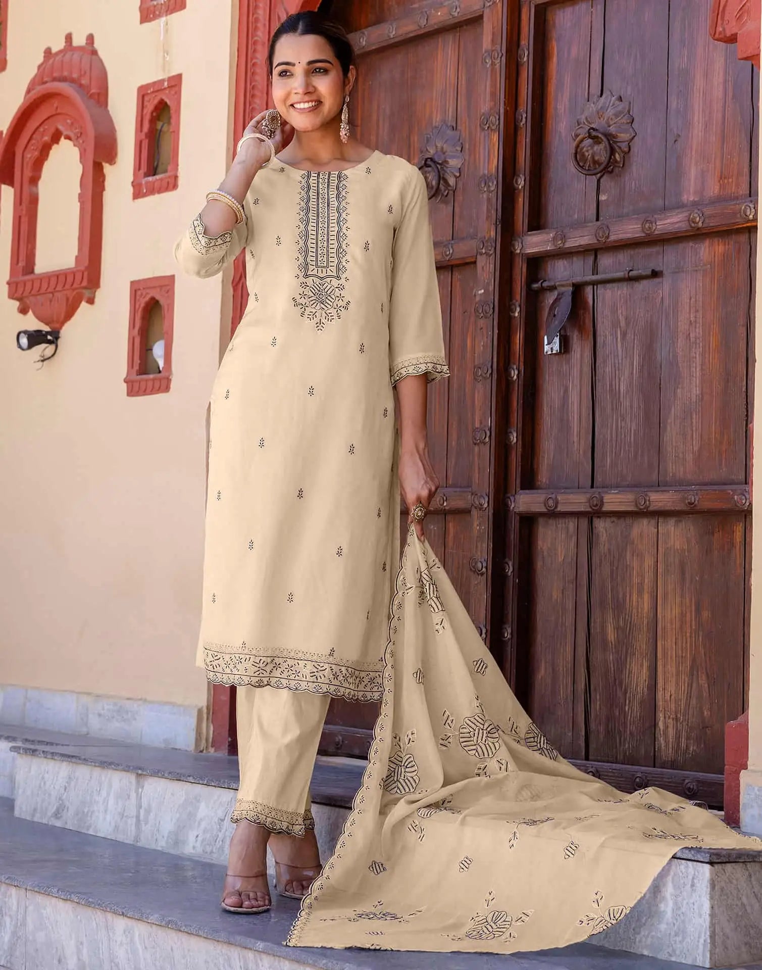 Beige Silk Embroidered and Sequins Work Straight Kurta Set with Pant & Dupatta for Women