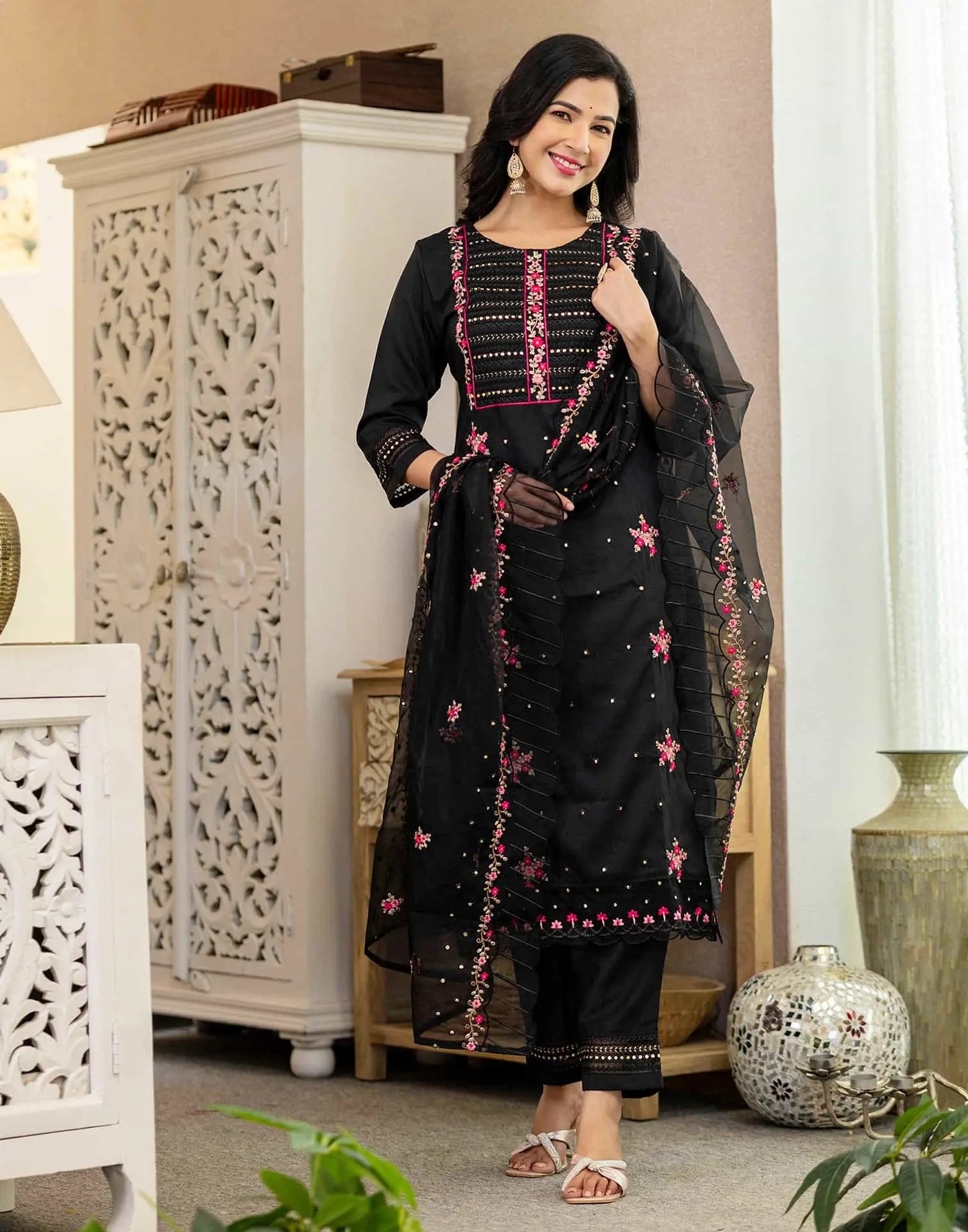 Black Silk Blend Embroidery and Sequins Work Straight Kurta with Pant and Dupatta