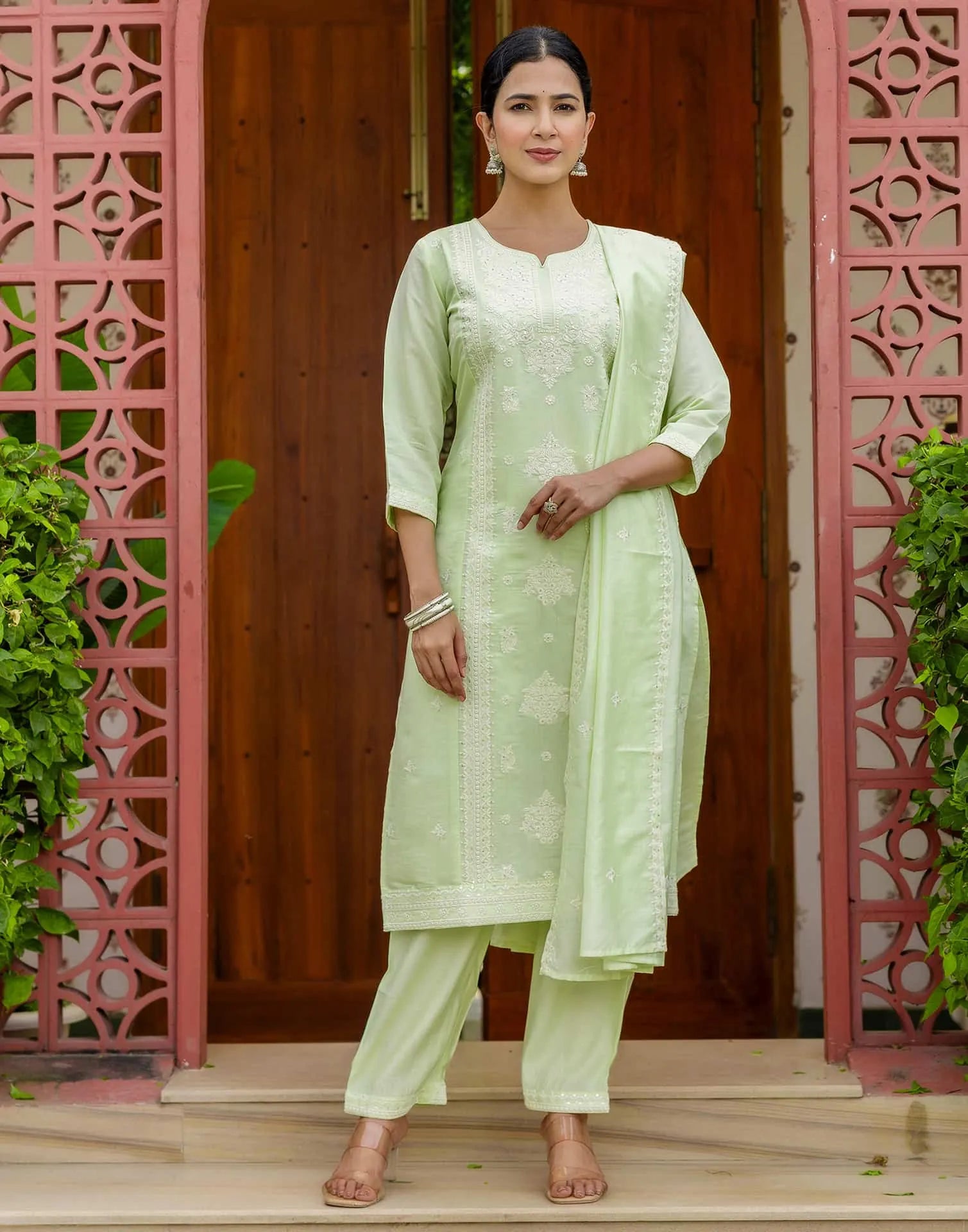 Affordable Green Silk Blend Embroidered Kurta Set with Pant & Dupatta