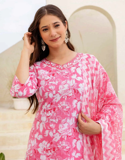 Cotton Straight Printed V-Neck Kurta with Pant & Dupatta