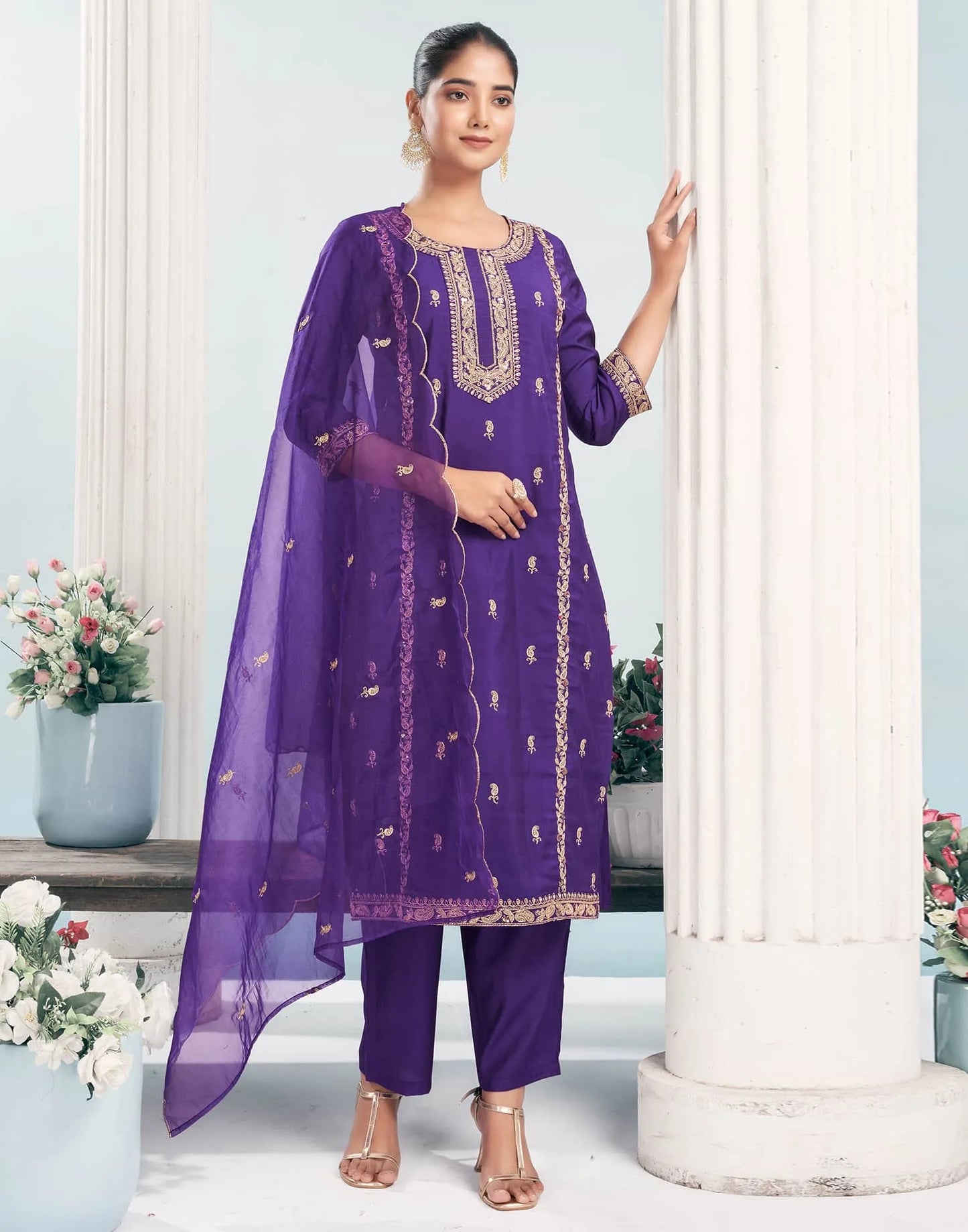 Silk Blend Embroidered Straight Kurta with Pant & Dupatta