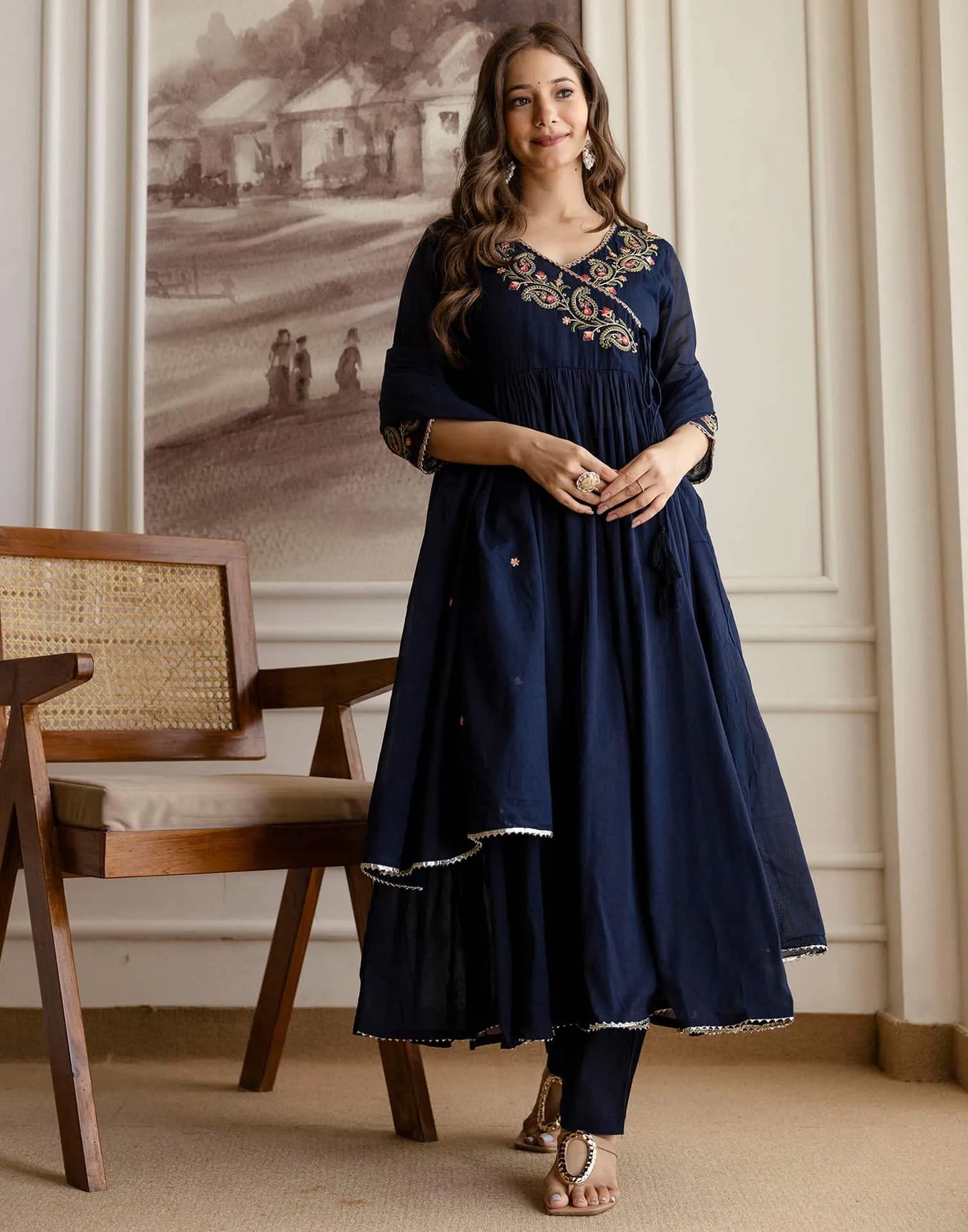 Affordable Blue Cotton Embroidered Anarkali Kurti Set