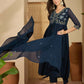 Blue Cotton Embroidered Anarkali Kurta with Pant & Dupatta for Women
