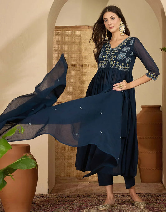 Blue Cotton Embroidered Anarkali Kurta with Pant & Dupatta for Women