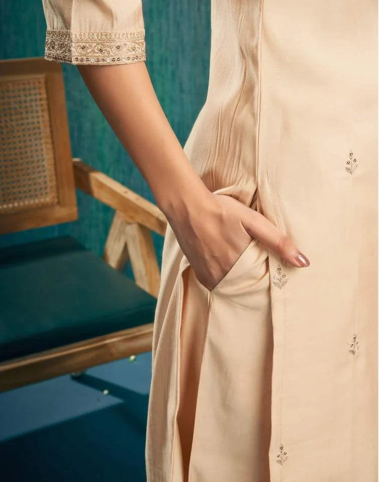 Skylee Beige silk sequence embroidered round neck kurta set with pant and dupatta