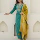 Affordable Green Silk Embroidered Straight Kurta Set V-Neck Silk Kurti with Pant & Dupatta