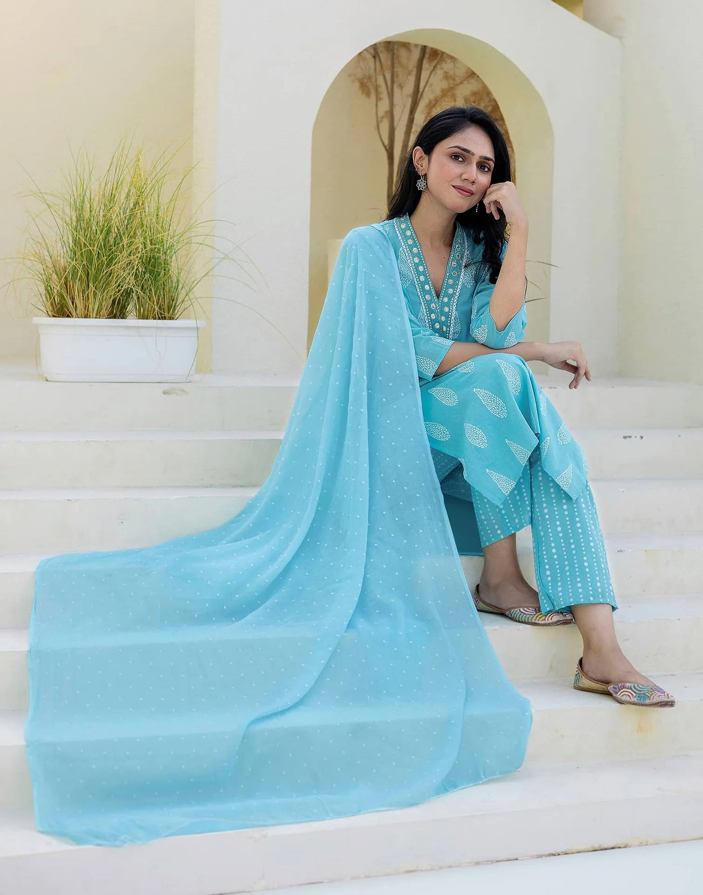 Cotton Printed, Embroidery and Sequins Work, Lace Straight Kurta with Pant & Dupatta