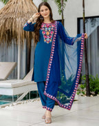 Skylee Poly Chinnon Embroidered Straight 3 Piece Kurta Set For Woman