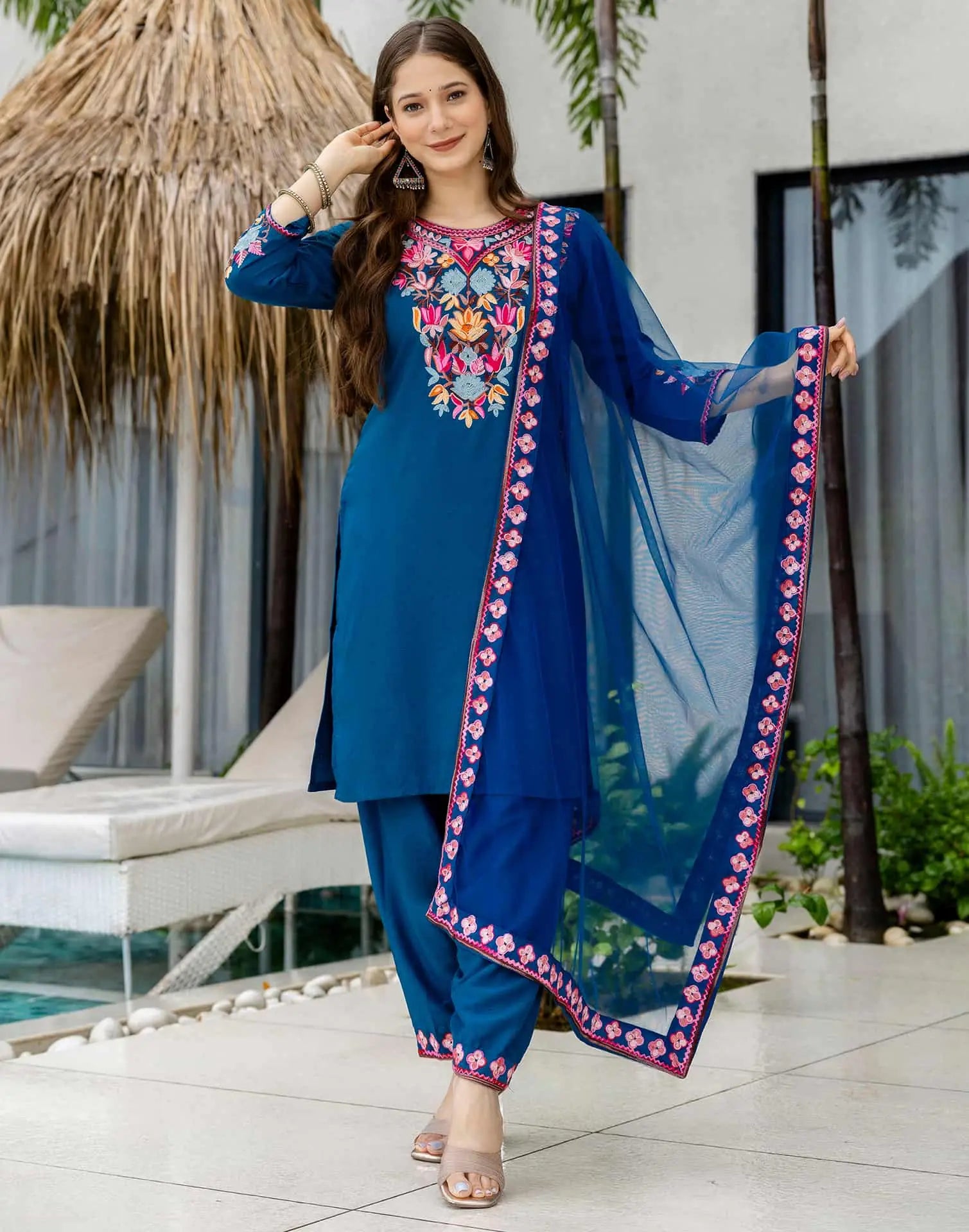 Skylee Poly Chinnon Embroidered Straight 3 Piece Kurta Set For Woman