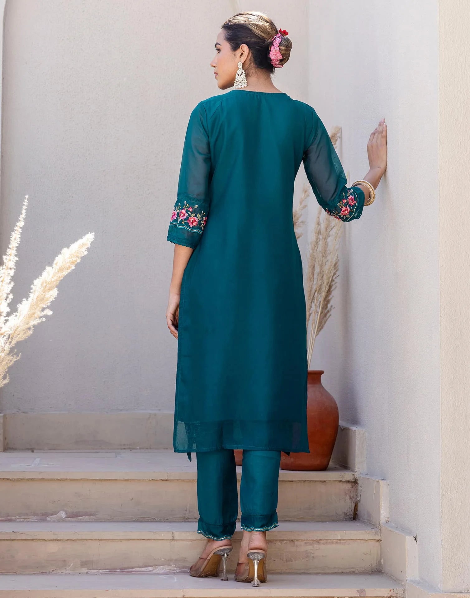 Blue Silk Blend Embroidery Straight Kurta Set for Women with Pant & Dupatta