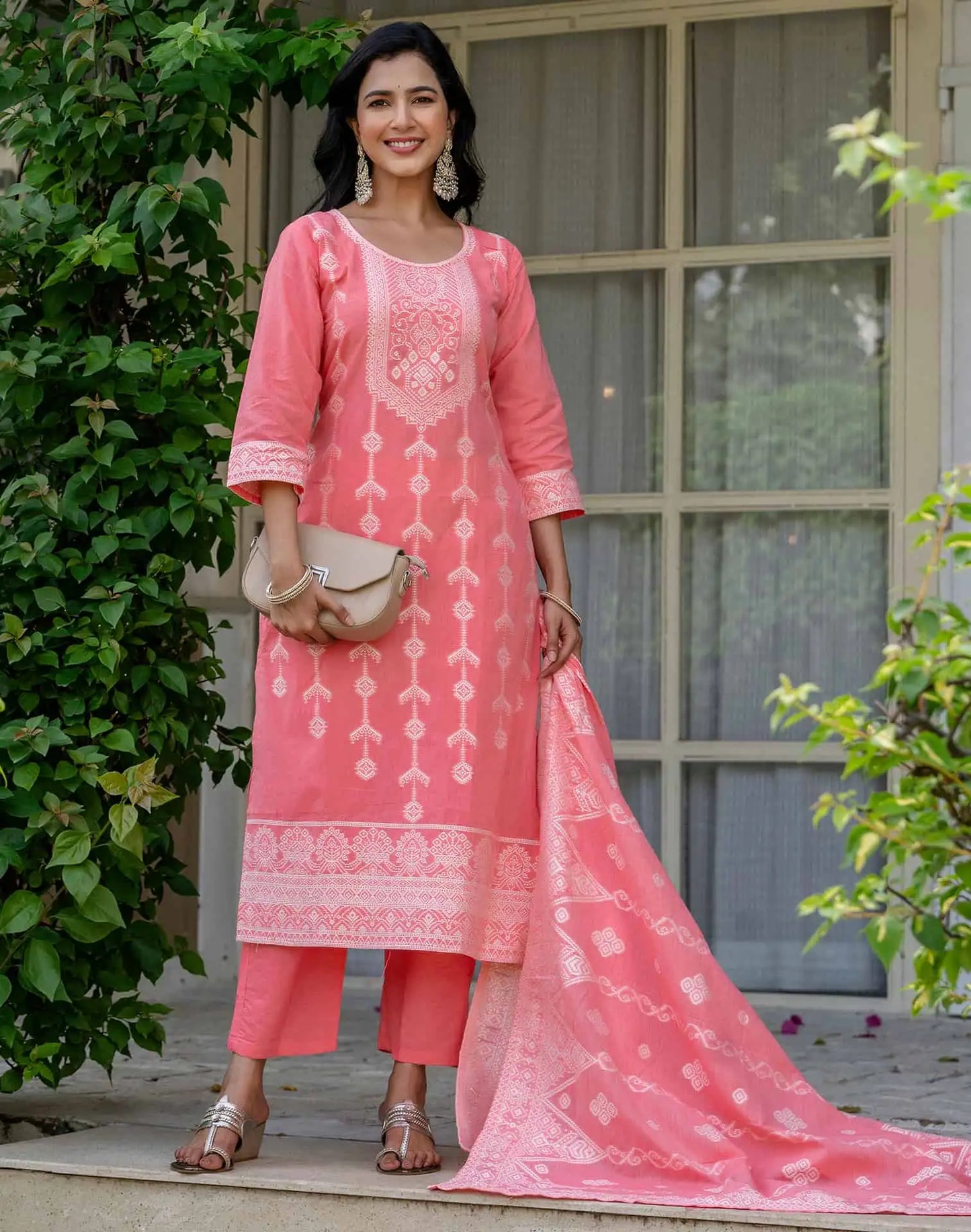 Cotton Woven Design Straight Kurta with Pant & Dupatta