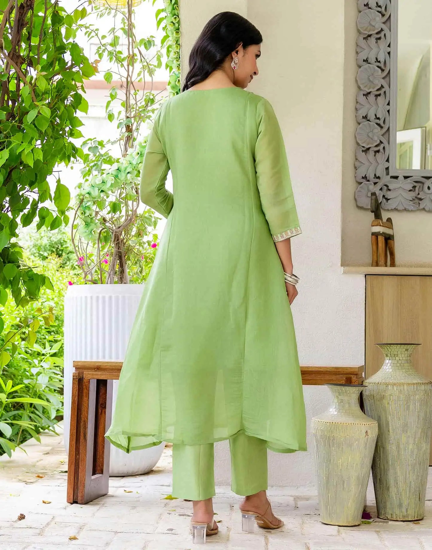 Silk Embroidered A-Line Kurta with Pant & Dupatta