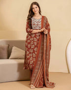 Skylee Viscose Rayon Embroidered Straight 3 Piece Kurta Set For Woman