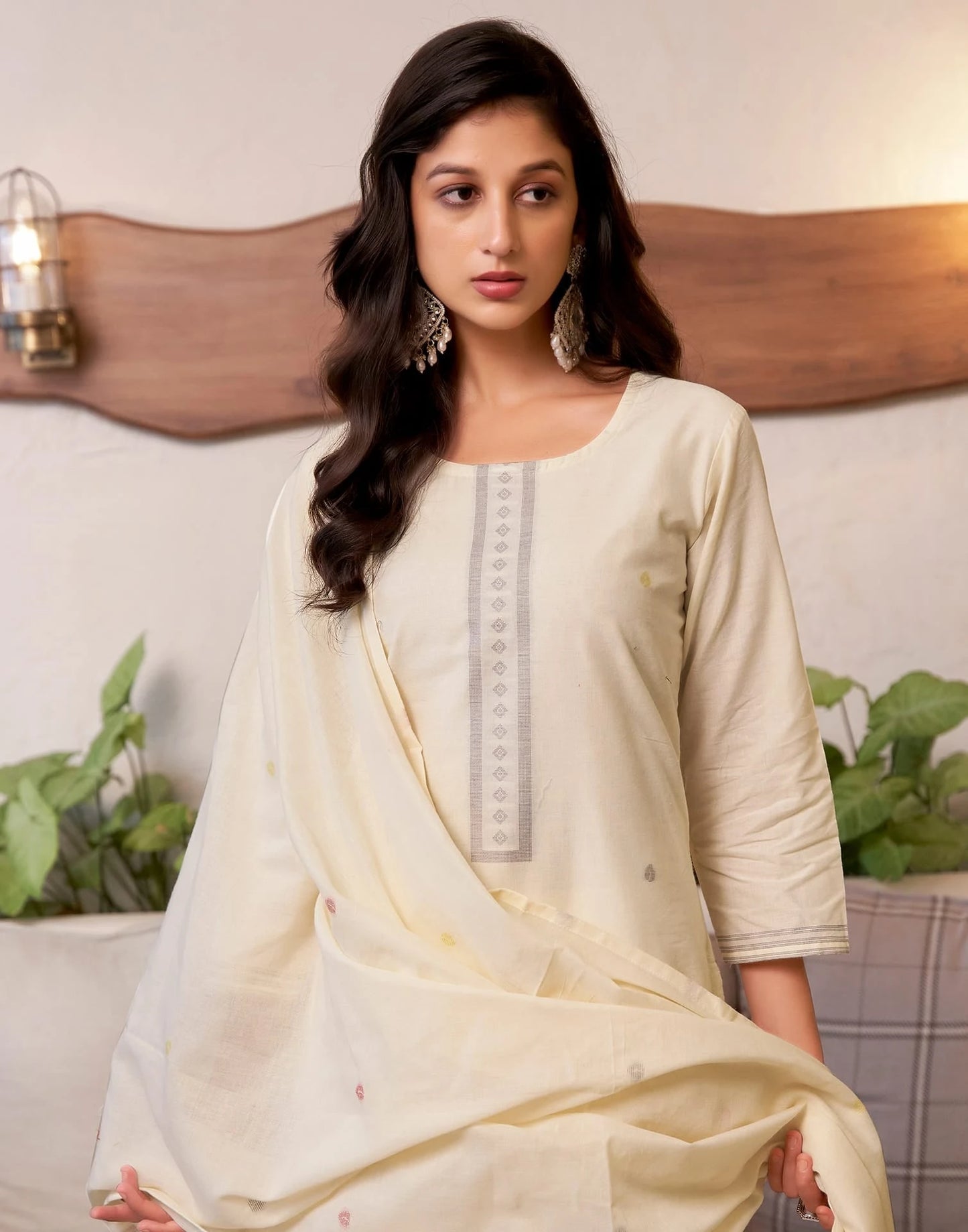 Cotton Solid and Jacquard A-Line Kurta with Pant & Dupatta