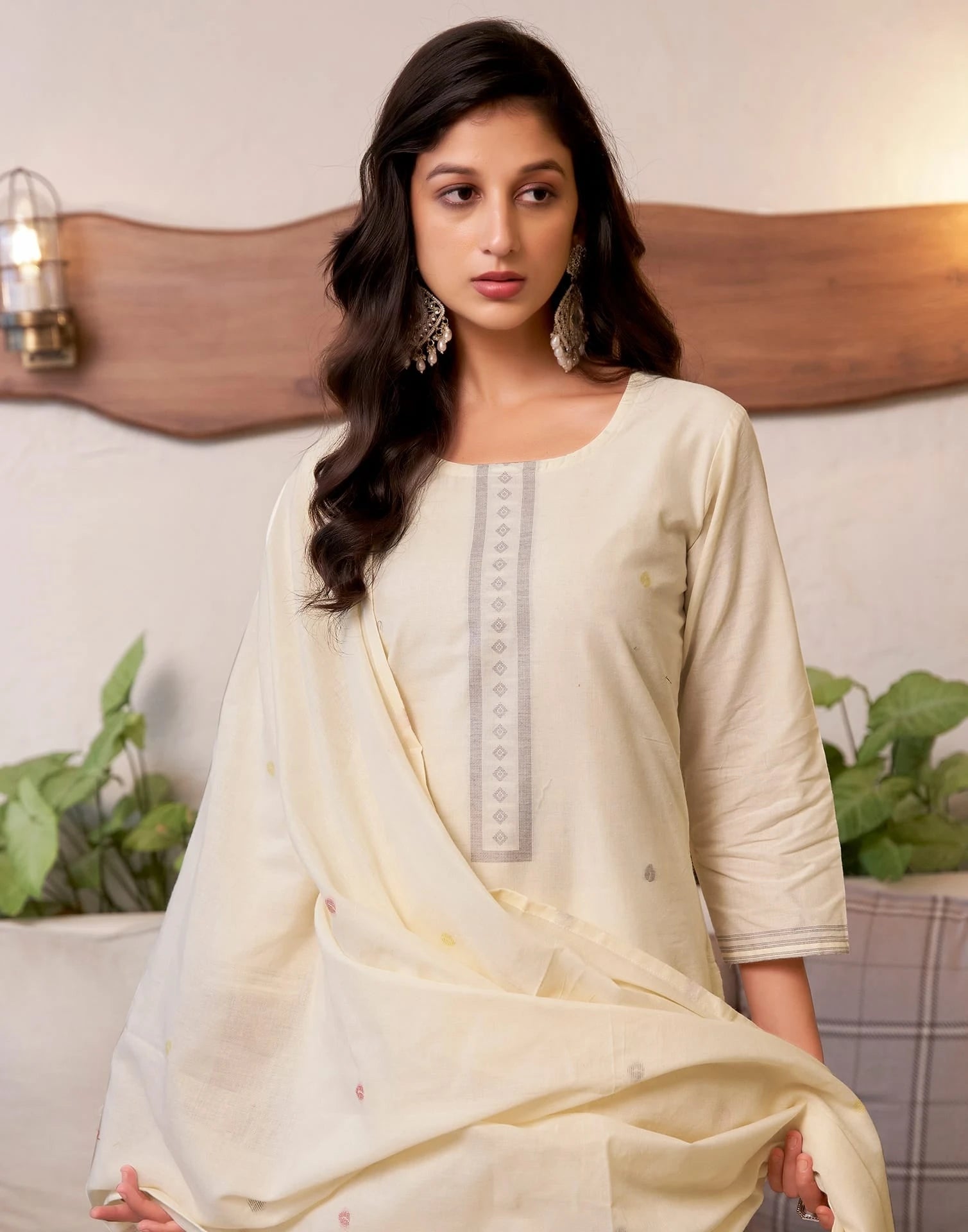 Cotton Solid and Jacquard A-Line Kurta with Pant & Dupatta