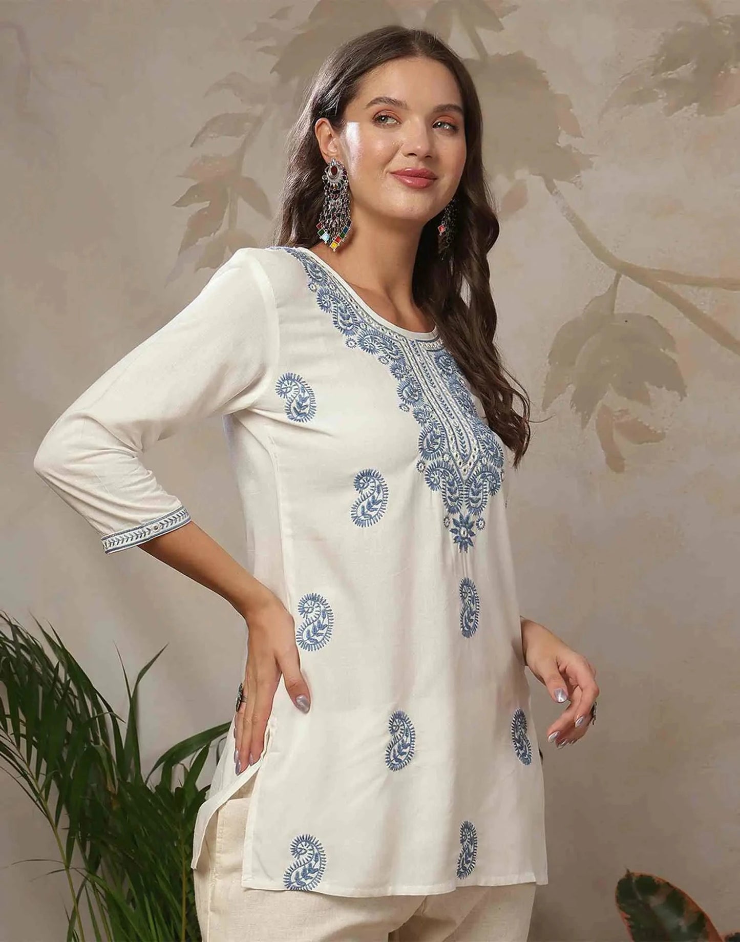 Rayon Chikankari Straight Round Neck Short Kurti