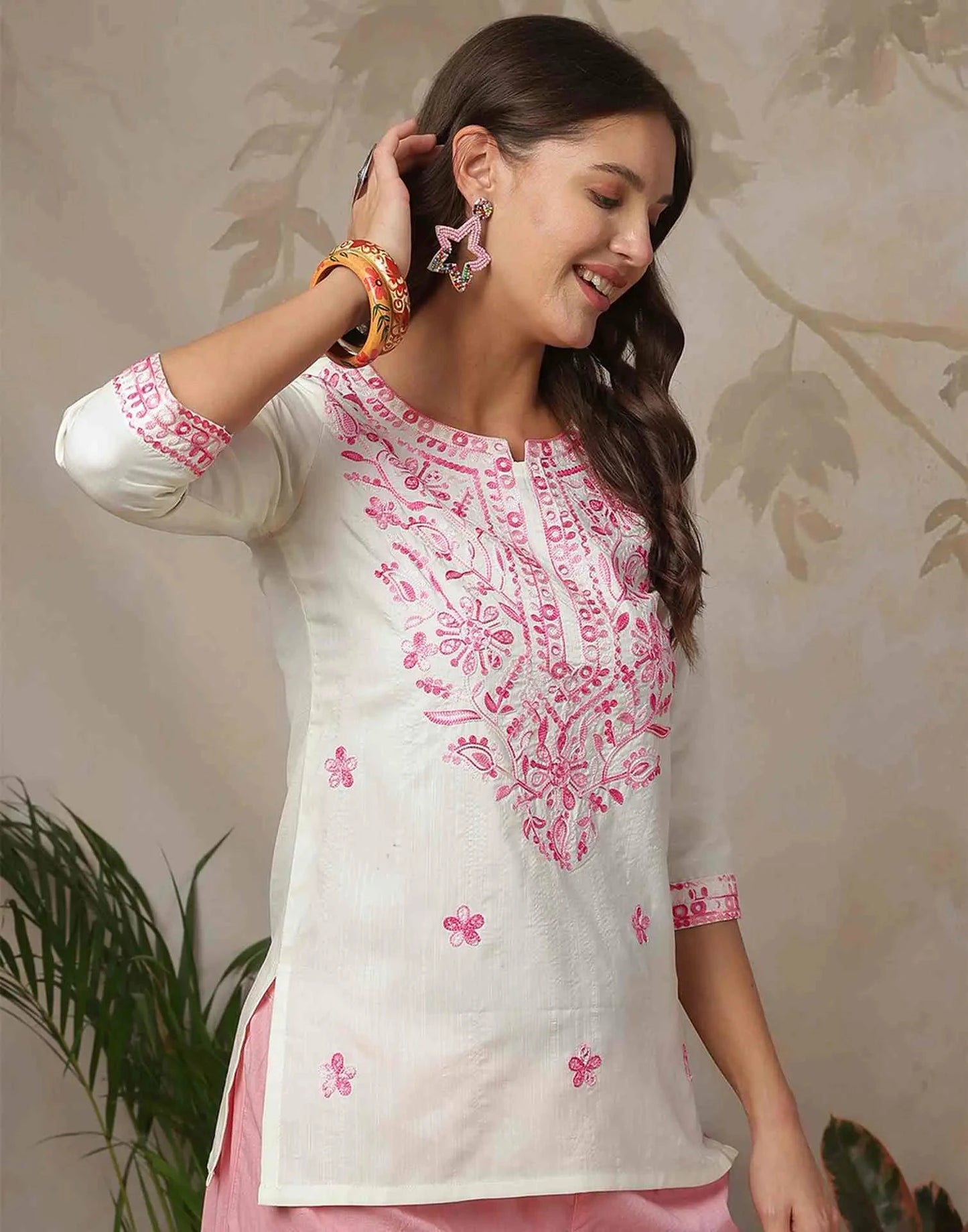 Cotton Blend Chikankari Straight Round Neck Short Kurti