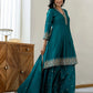 Silk Flared Embroidery V-Neck Kurta with Pant & Dupatta