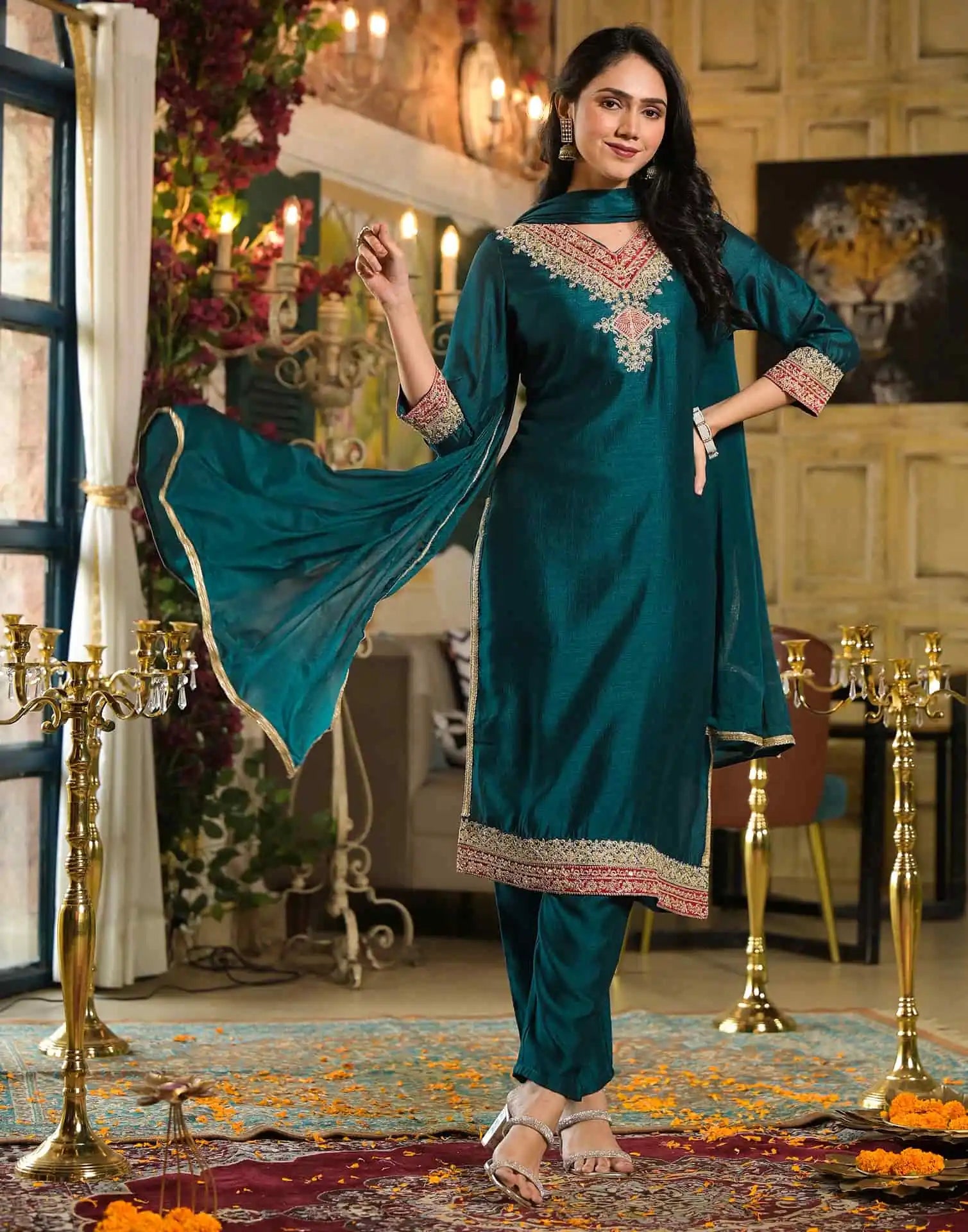 Blue Silk Embroidered Straight Kurta Set with Pant & Dupatta under 1250