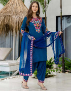 Skylee Poly Chinnon Embroidered Straight 3 Piece Kurta Set For Woman