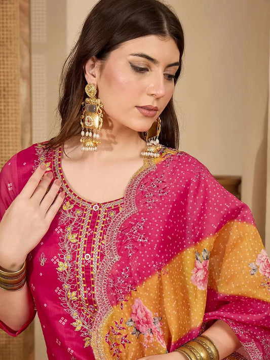 Pink Silk Bandhani Printed Straight Kurta Set with Pant & Dupatta under 1299
