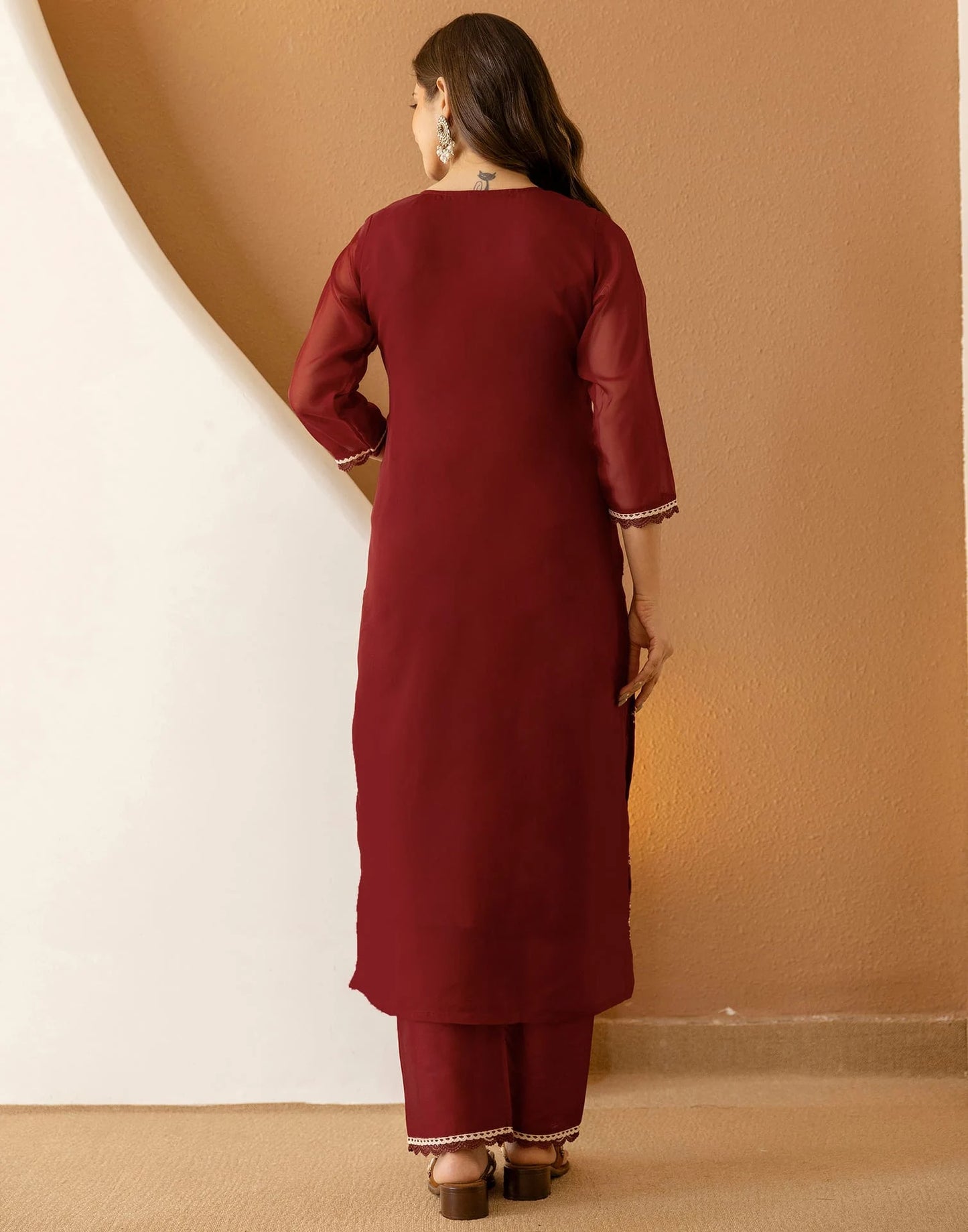 Maroon Silk Embroidered Straight Kurta Set with Pant & Dupatta for Women