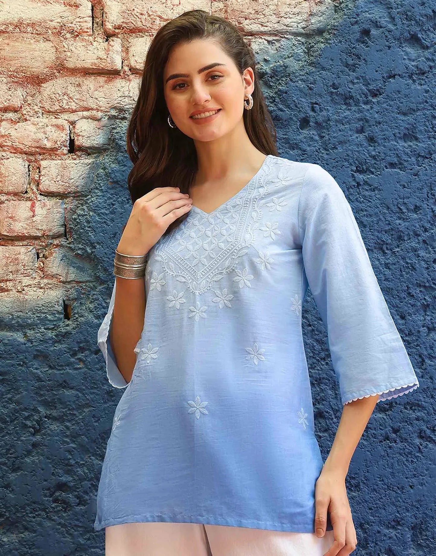 Cotton Chikankari Straight Sweetheart Neck Short Kurti