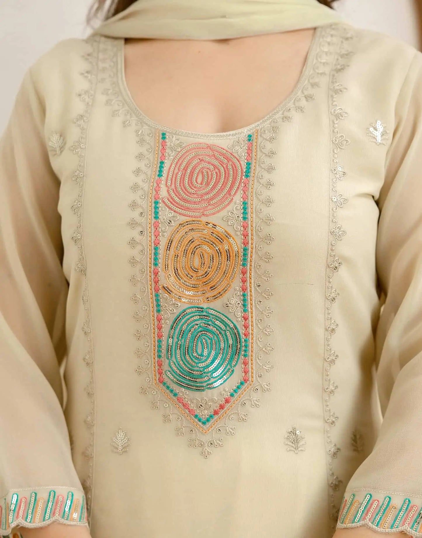 Beige Georgette Embroidered Kurta Set with Pant & Dupatta