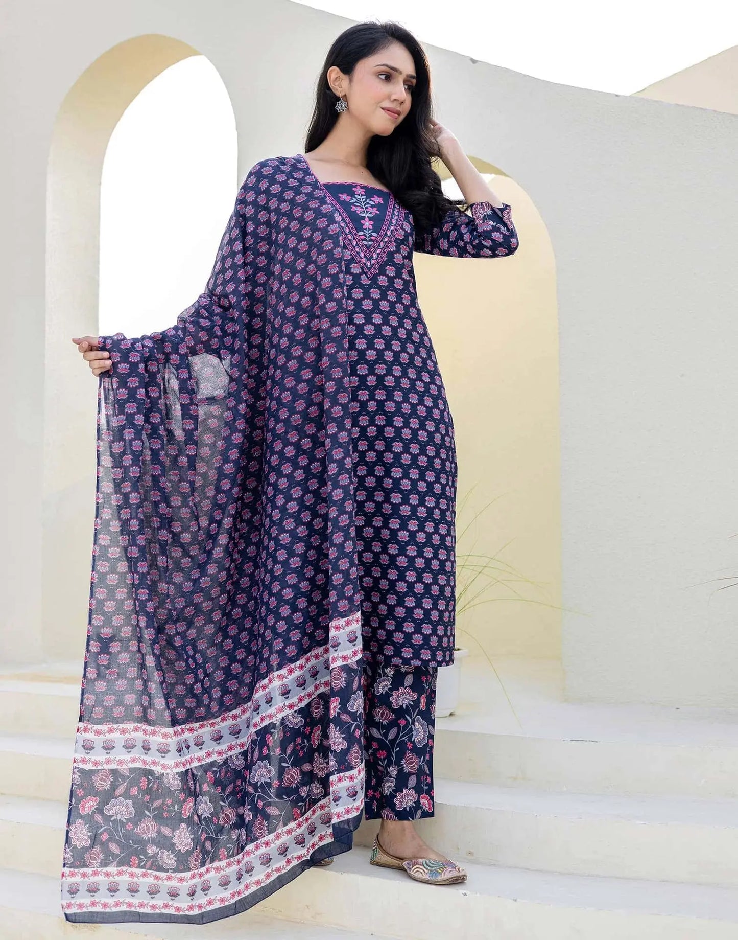 Cotton Embroidery and Sequins Work, Printed, Fabric Lace Straight Kurta with Pant & Dupatta