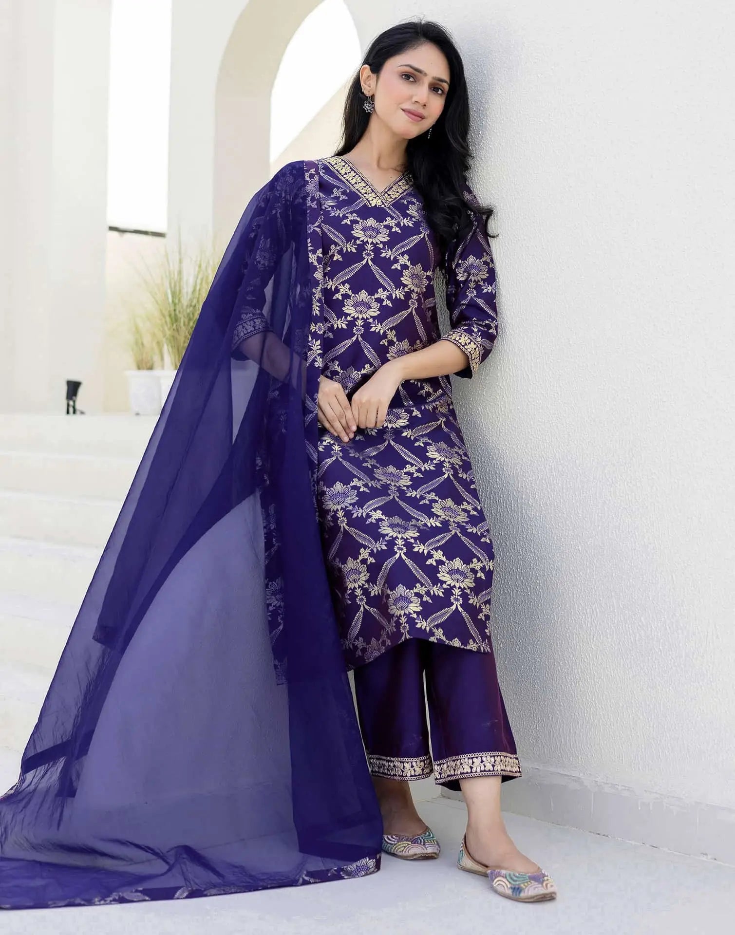 Skylee Affordable Purple Silk Foil-Printed Straight Kurta Set under 999
