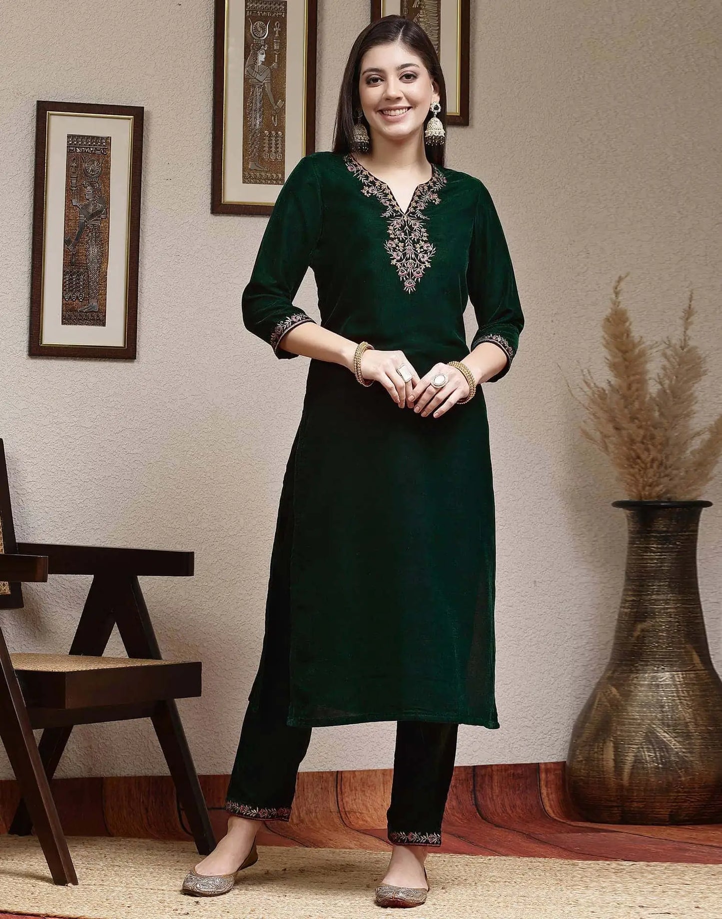 Affordable Dark Green Velvet Kurta Set with dupatta 