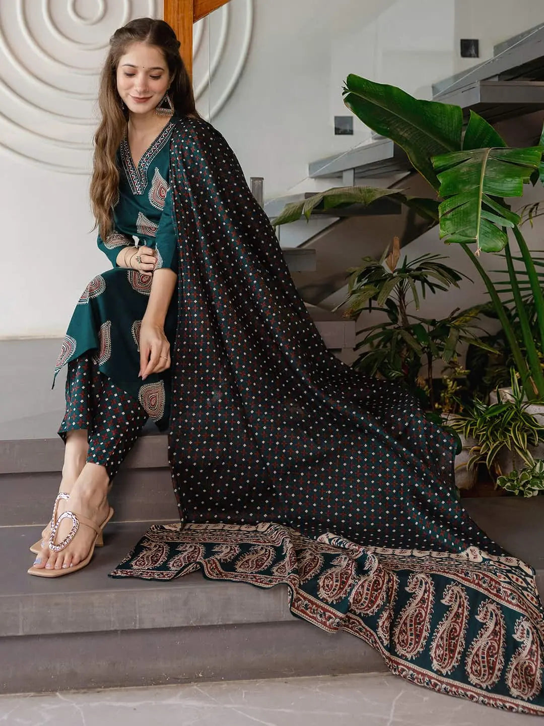 Affordable Cotton Printed V-Neck Kurta Set with Pant & Dupatta for Women under 999