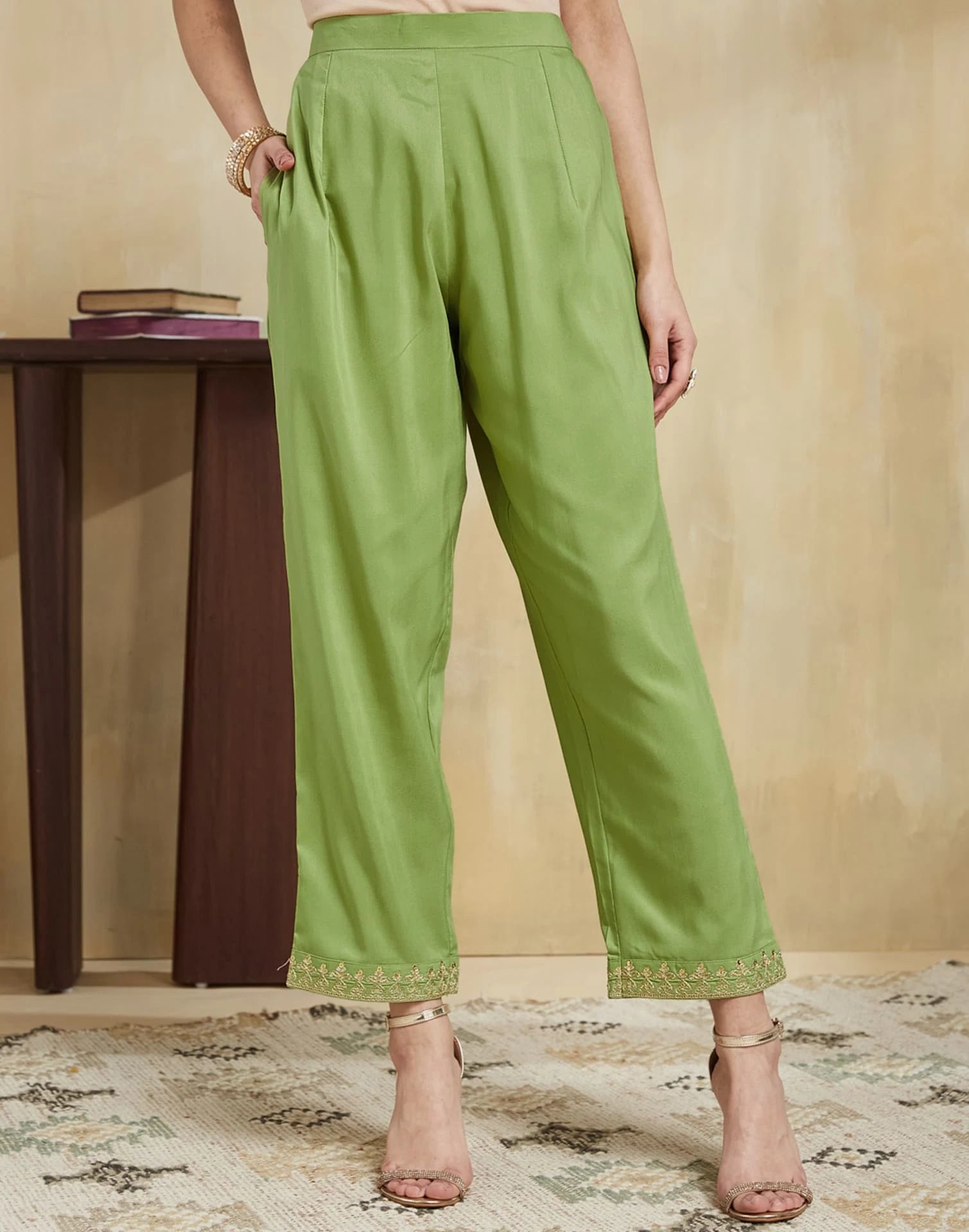 Light Green Cotton Embroidered Straight Kurta Set with Pant & Dupatta for Women