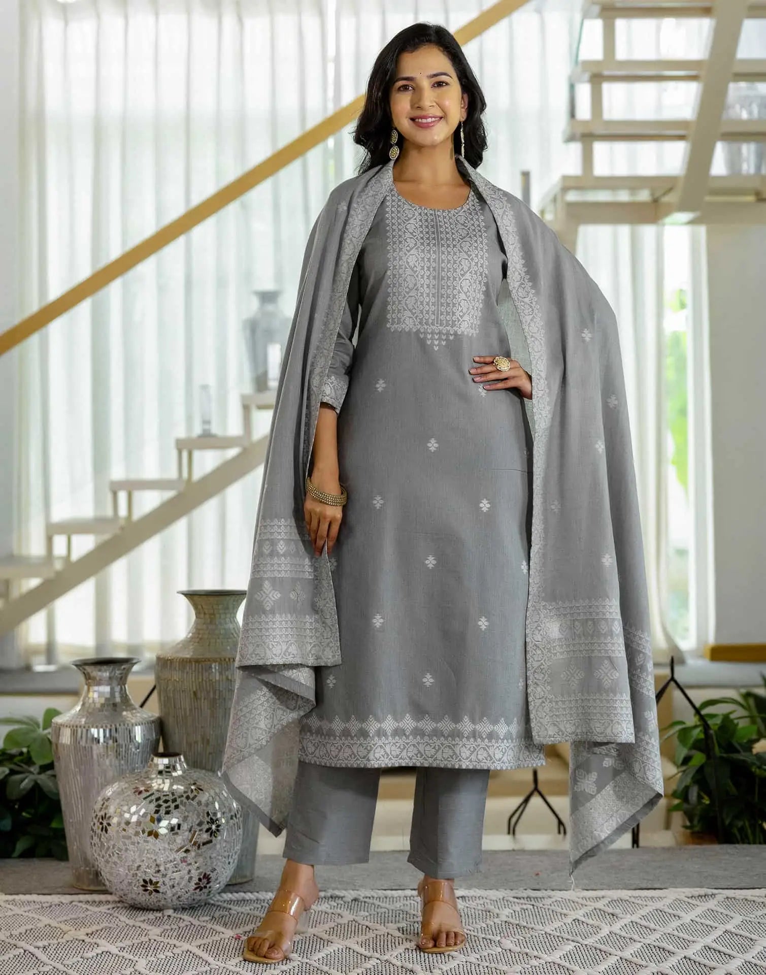 Grey Cotton Woven Straight Kurta Set with Pant & Dupatta under 1250