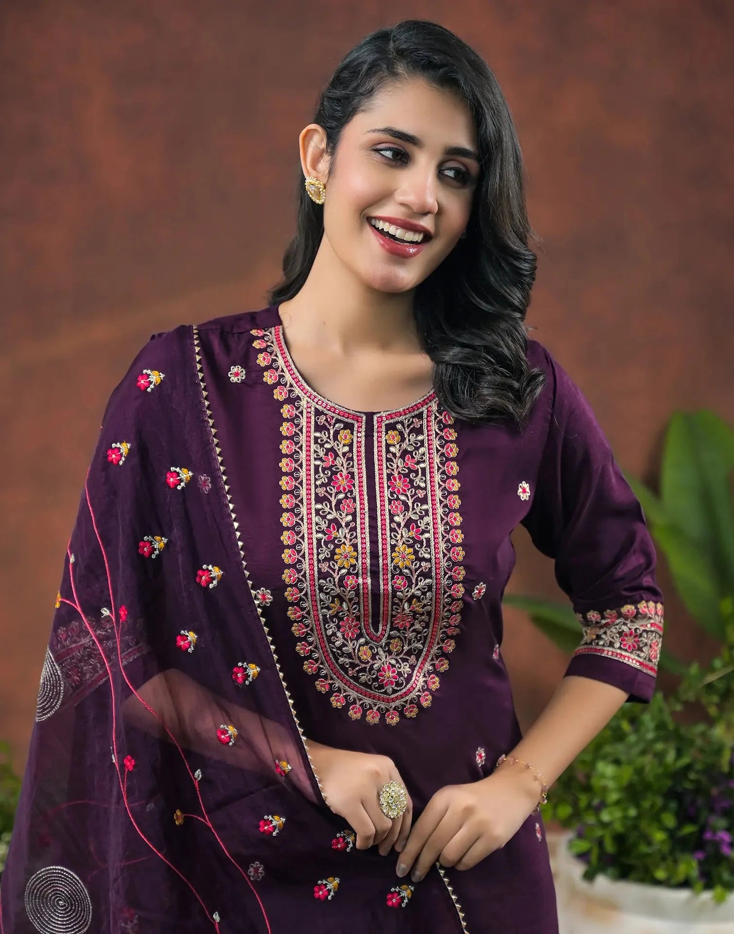 Chinnon Embroidered Round Neck Straight Kurta with Pant & Dupatta