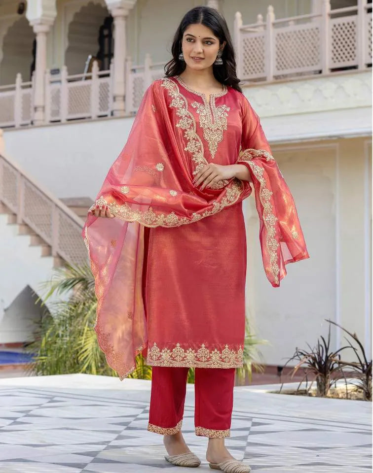 Skylee Shimmer Net Embroidered Straight 3 Piece Kurta Set For Woman