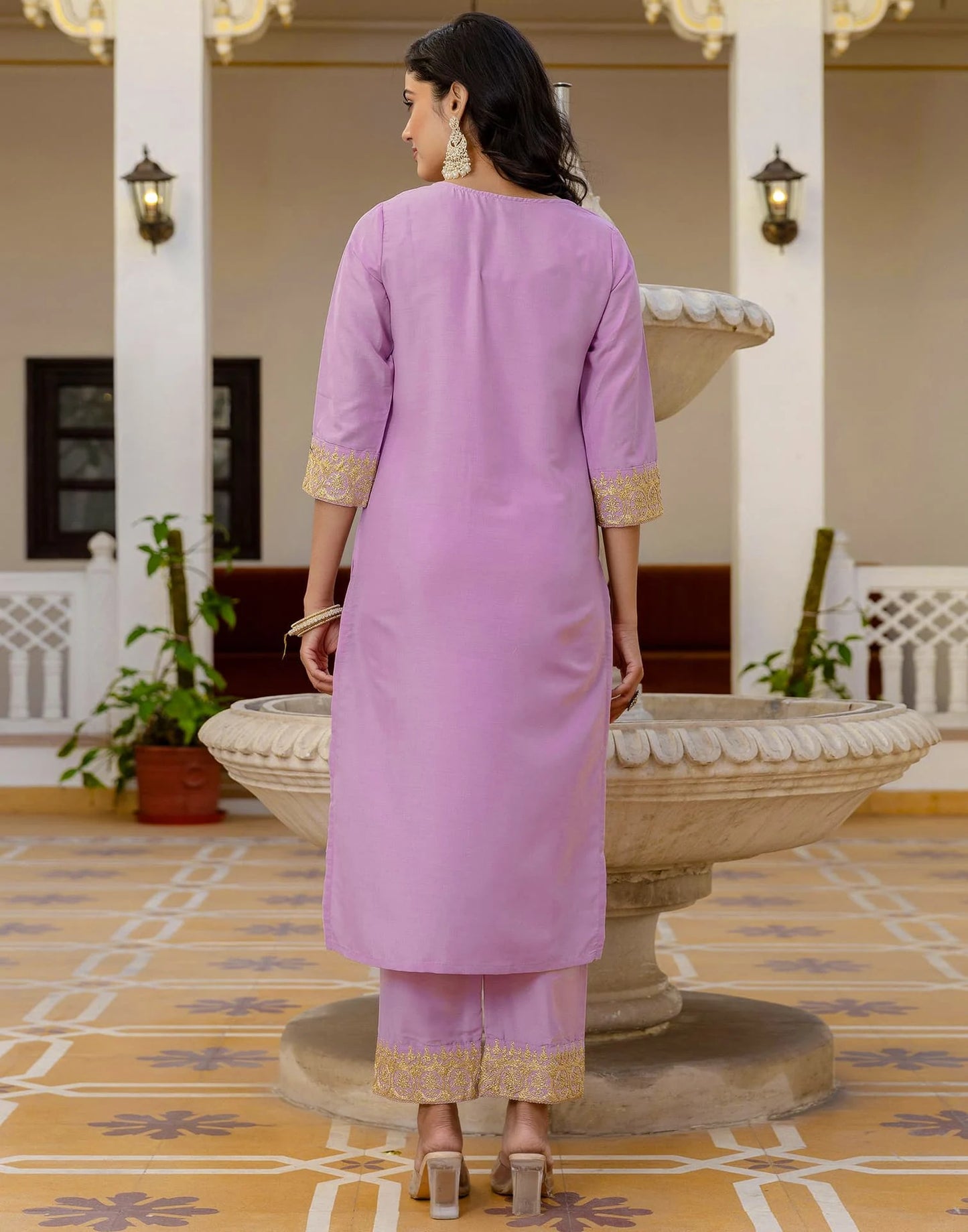 Silk Blend Embroidery Work and Embroidery Lace Straight Kurta with Pant & Dupatta