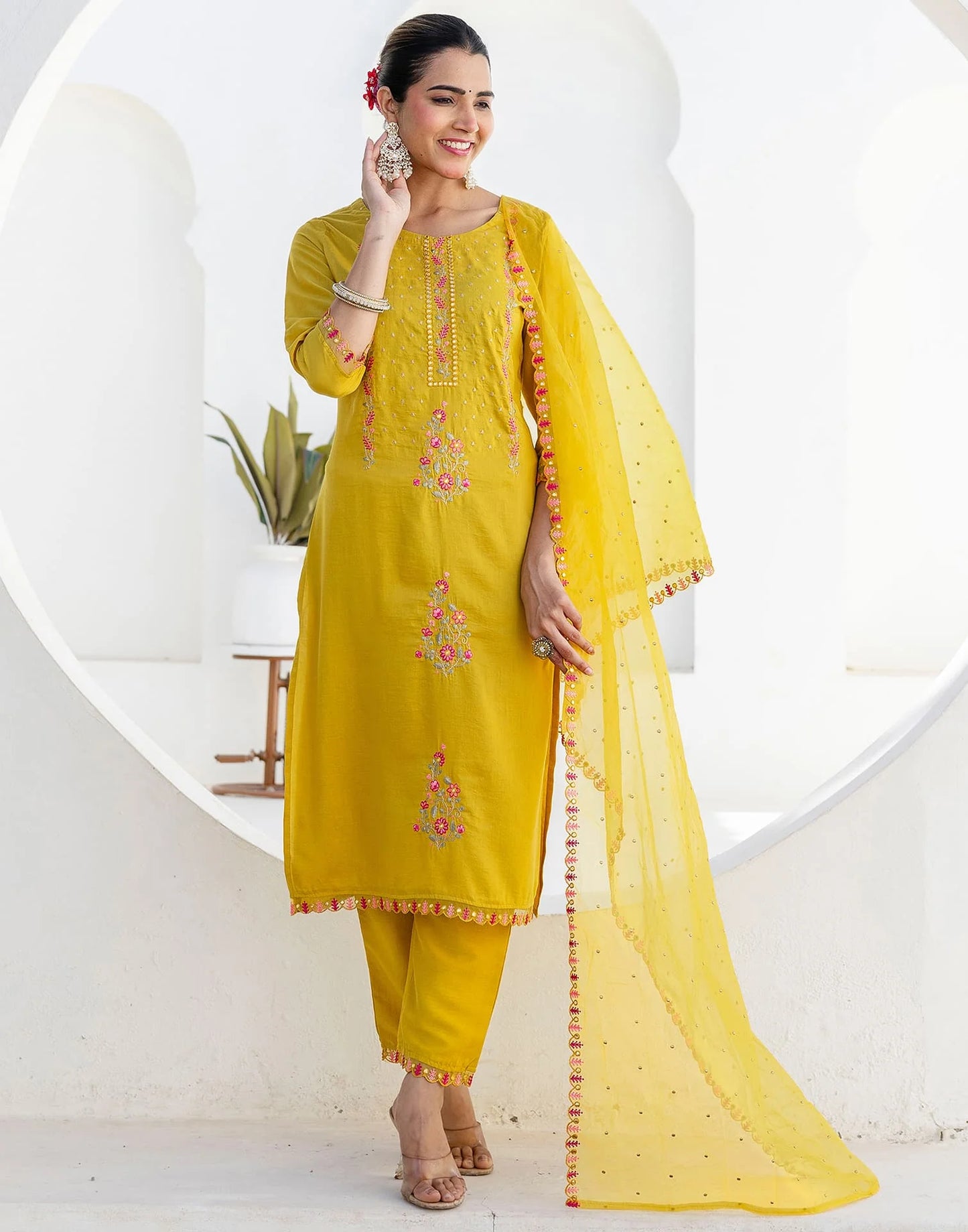 Yellow Silk Blend Embroidery and Mirror Work Straight Kurta Set for Women with Pant & Dupatta